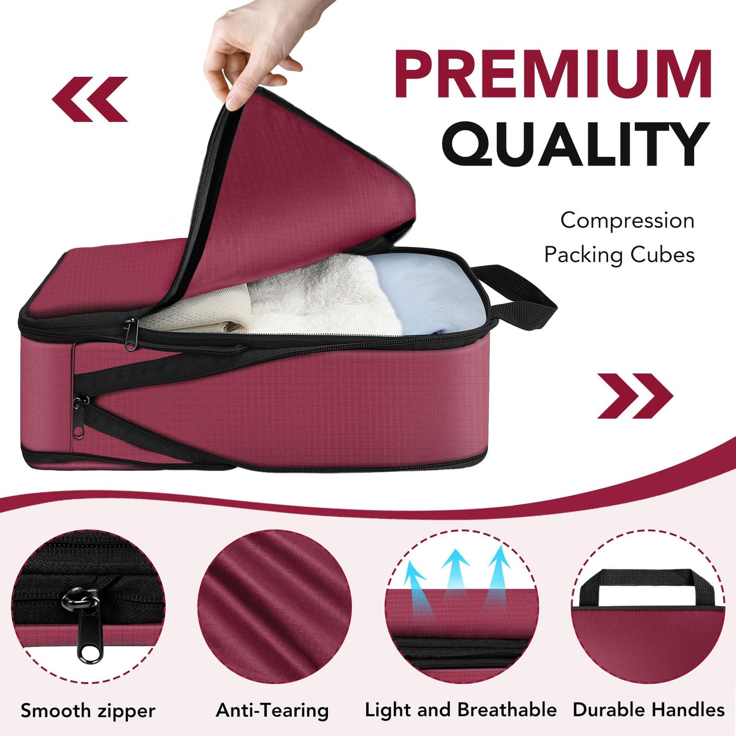 Sowgnaw 4PCS Red Polyester Packing Cubes for Travel, Lightweight Compression Travel Bags - Luggage Suitcase Organizer with Zipper Closure