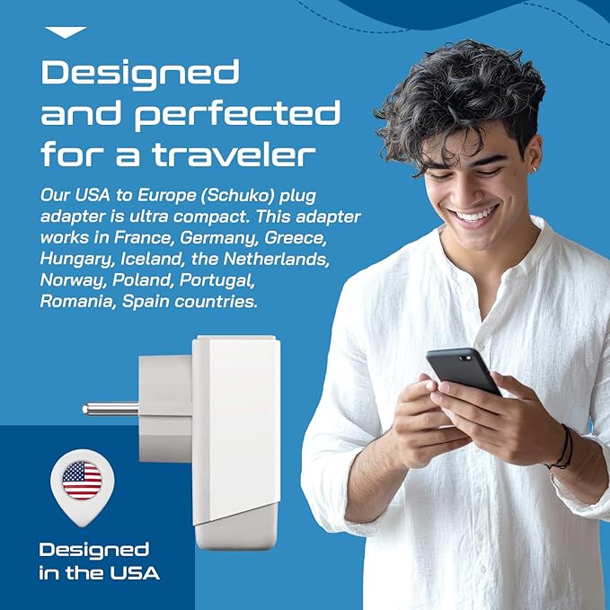 Ceptics Germany France Travel Plug Adapter, QC 3.0 & PD, Safe Dual USB & USB-C - 2 USA Socket Compact & Powerful - Use in Korea Russia France Spain Norway - Type E/F AP-9 - Fast Charging