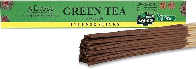 Bless-Green-Tea 100%-Natural-Handmade-Hand-Dipped-Incense-Sticks Organic-Chemicals-Charcoal-Free Purification-Relaxation-Positivity-Yoga-Meditation Best-Woods-Scent (25 Sticks (1.4 OZ))