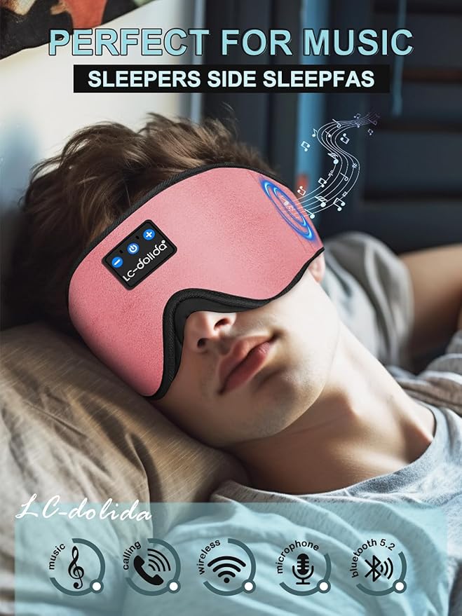 LC-dolida Sleep Headphones, Sleep Mask Bluetooth Wireless Music Eye Mask, Sleeping Headphones for Side Sleepers Sleep Mask with Bluetooth Headphones Ultra-Thin Stereo Speakers Perfect for Sleeping