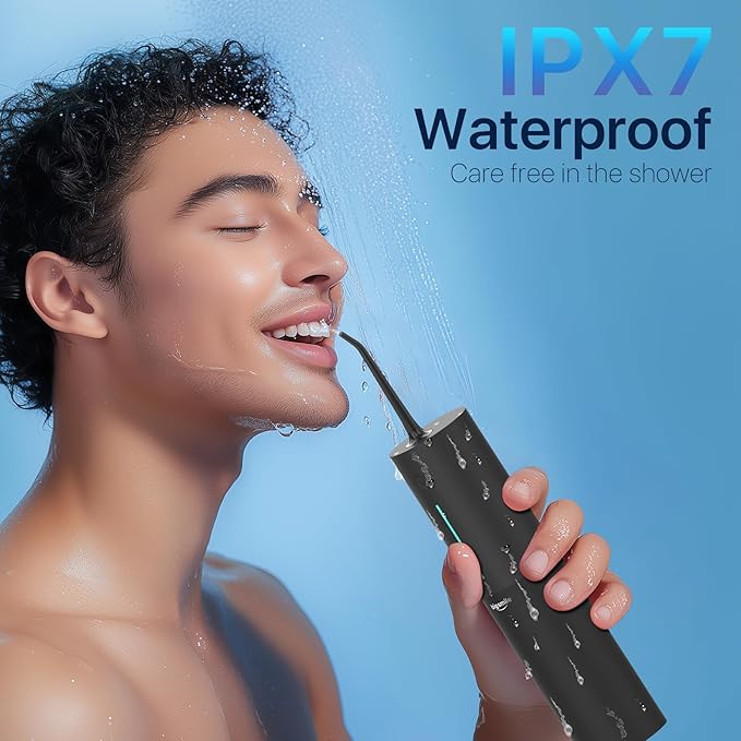 Bigsmile Black Water Flosser Cordless Portable Dental Irrigator Travel Shower Strong Pick Floss IPX7 200ML Must Have for Kids Braces Bridges (Black