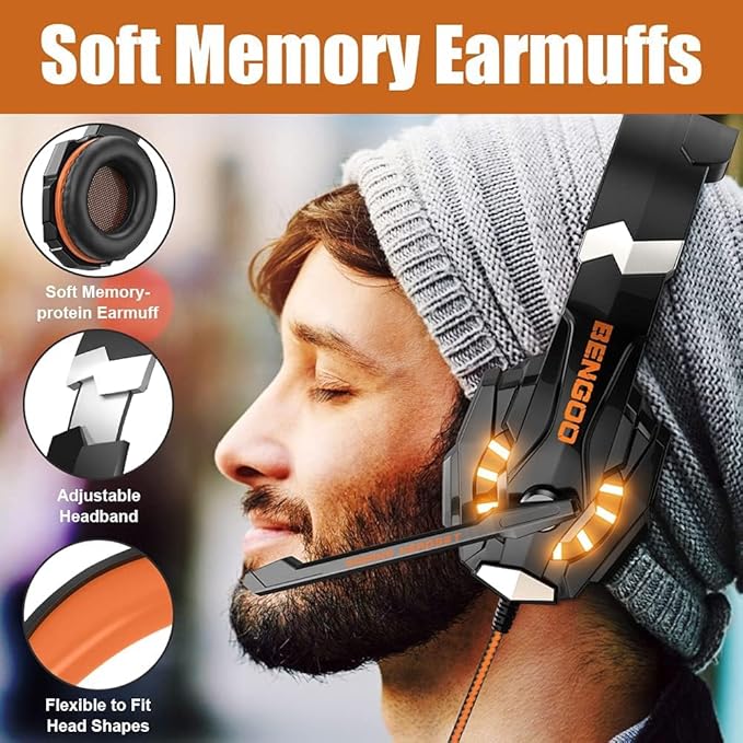 BENGOO G9000 Stereo Gaming Headset for PS4, PC, Xbox One Controller, Noise Cancelling Over Ear Headphones with Mic, LED Light, Bass Surround, Soft Memory Earmuffs (Orange)