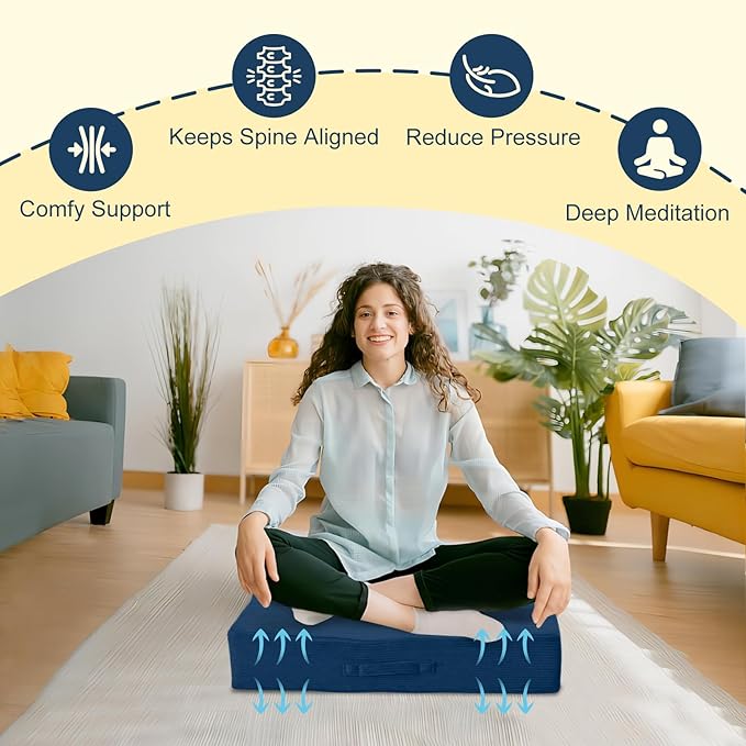 Wellsin Solid Square Floor Pillows for Adults Kids - Large Meditation Floor Pillow Seating Cushion with Thick Foam & Washable Velvet Cover, 1 Pack, 22x22x5 Inch, Dark Blue