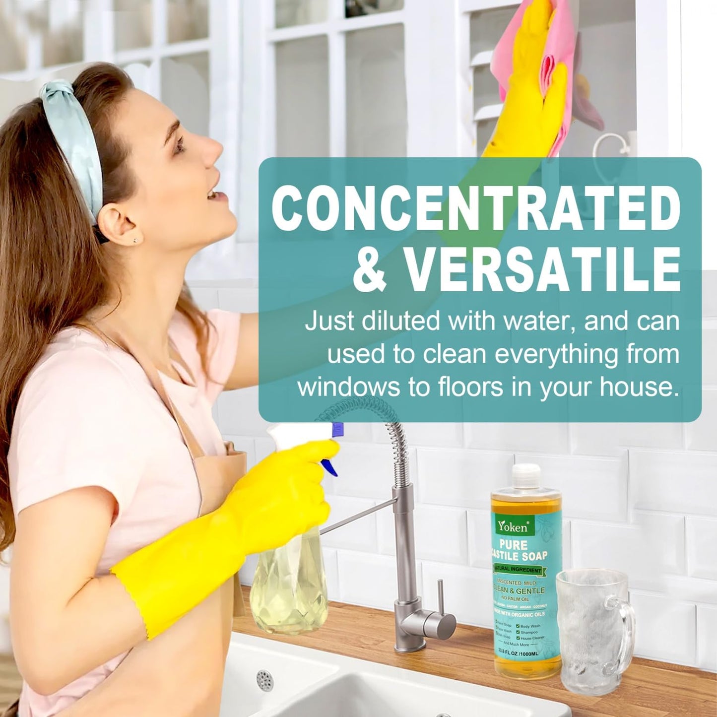 Yoken EWG Verified Castile Soap Liquid Unscented 33.8 fl oz Pure Castile Liquid Cleanser Made With Organic Oil, Clean & Gentle, Natural Castor Oil Soap for Body Wash, Hand, Dishes, Laundry