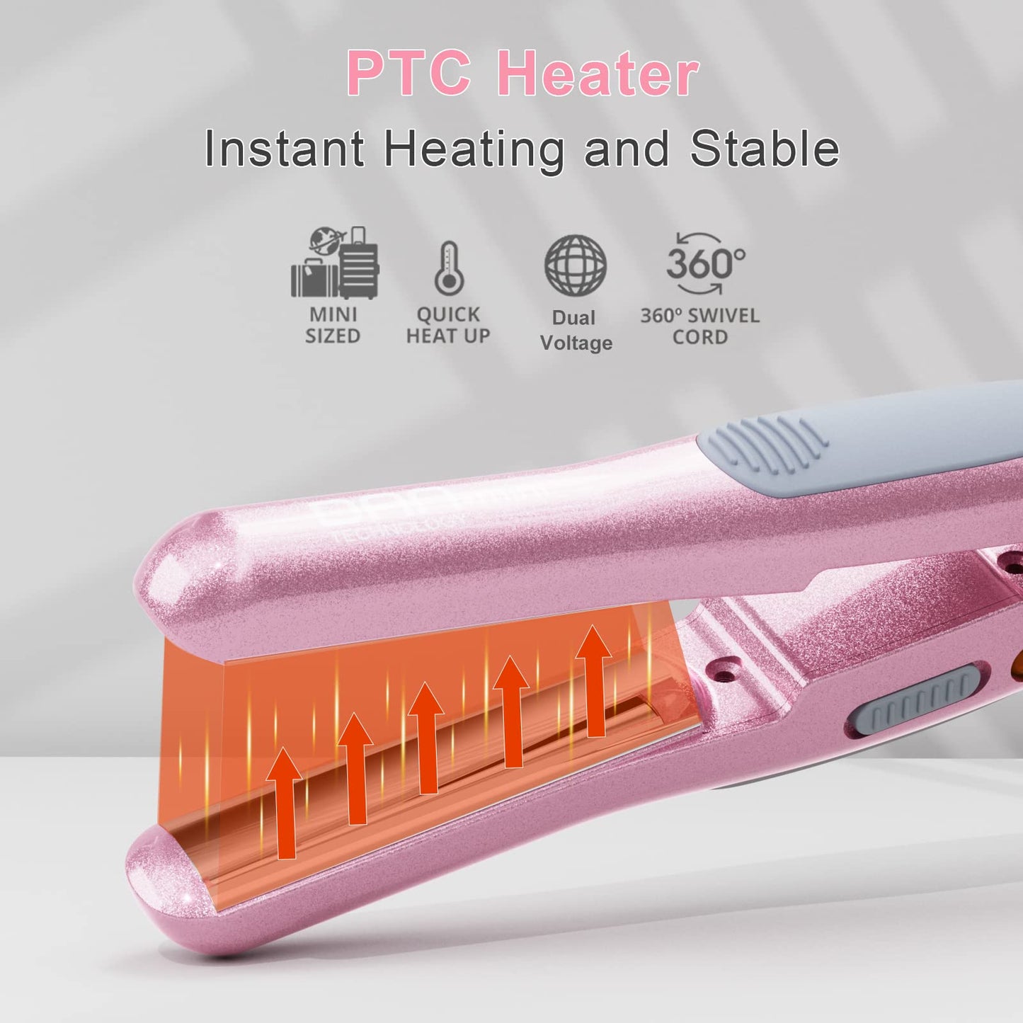 DAN Technology Hair Styling Set, Including Travel Hair Dryer, Mini Flat Iron, and Travel Curling Iron with European Plug, Dual Voltage, Portable Storage Bag, Pink