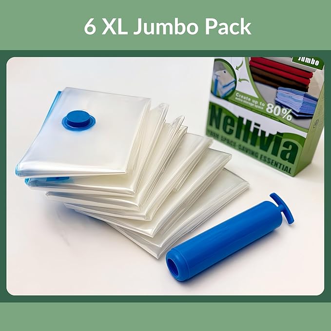 6 XL Jumbo Vacuum Storage Bags with Pump, Extra Large Compression Space Saver for Comforter, Duvet, Blanket, Bedding Storage, Vacuum Seal Bags for Clothing, Luggage Closet Organizer