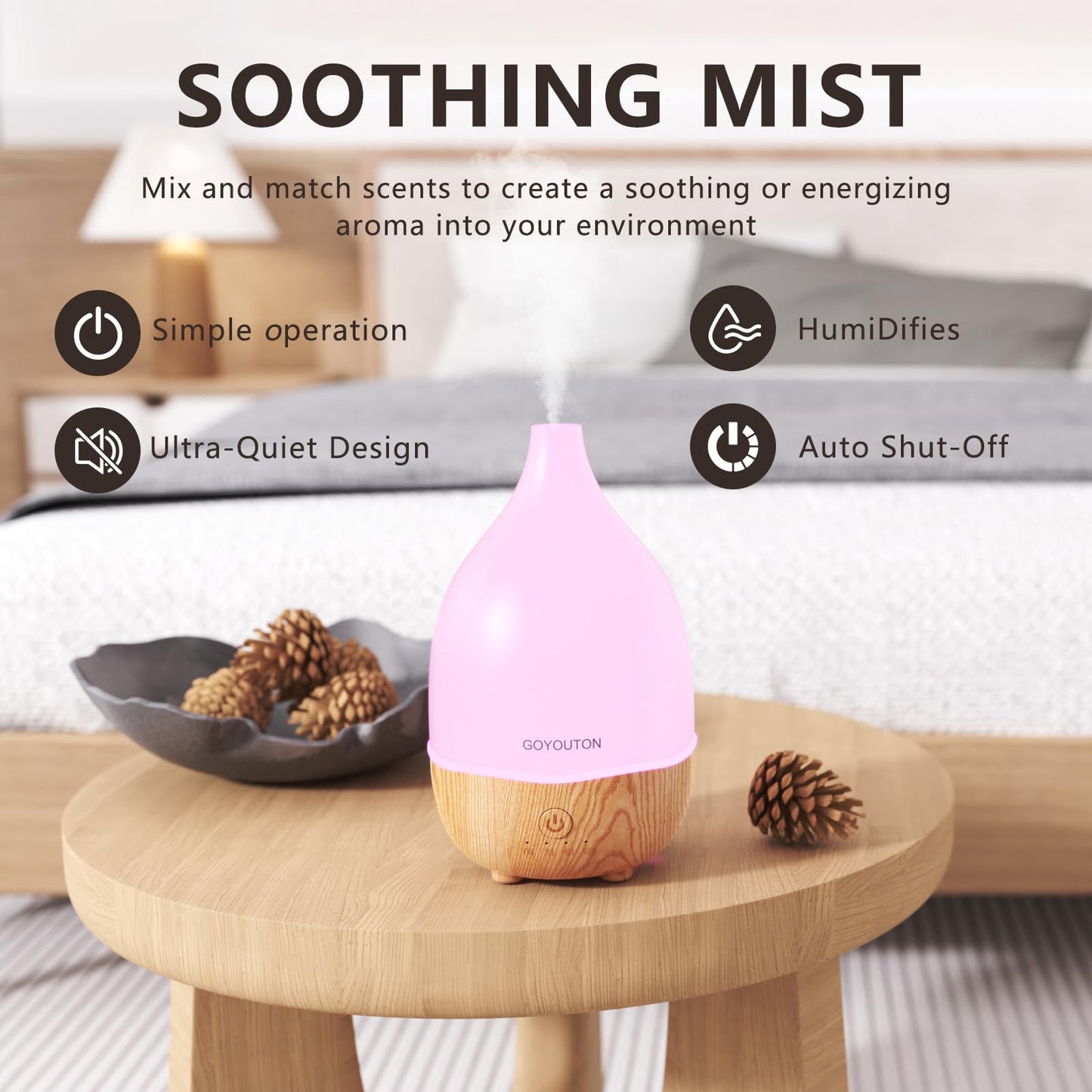 Essential Oil Diffuser, 200ml Small Aromatherapy Diffuser with 7 Color LED Lights Quiet Waterless Auto Shuts-Off，Air Humidifier Aroma Diffuser，Ultrasonic Diffusers for Essential Oils for Office Home