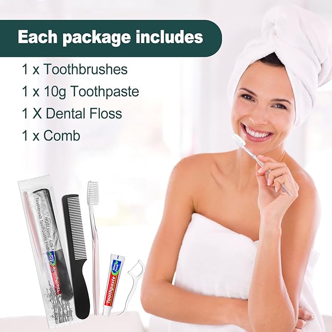 50pcs Disposable Toothbrushes with Toothpaste and Comb Floss Individually Wrapped, 4-in-1 Bulk Toothbrush Kit with 2 Color Toothbrush,10g Toothpaste,7 inch Comb, Floss Pick for Homeless,Hotel