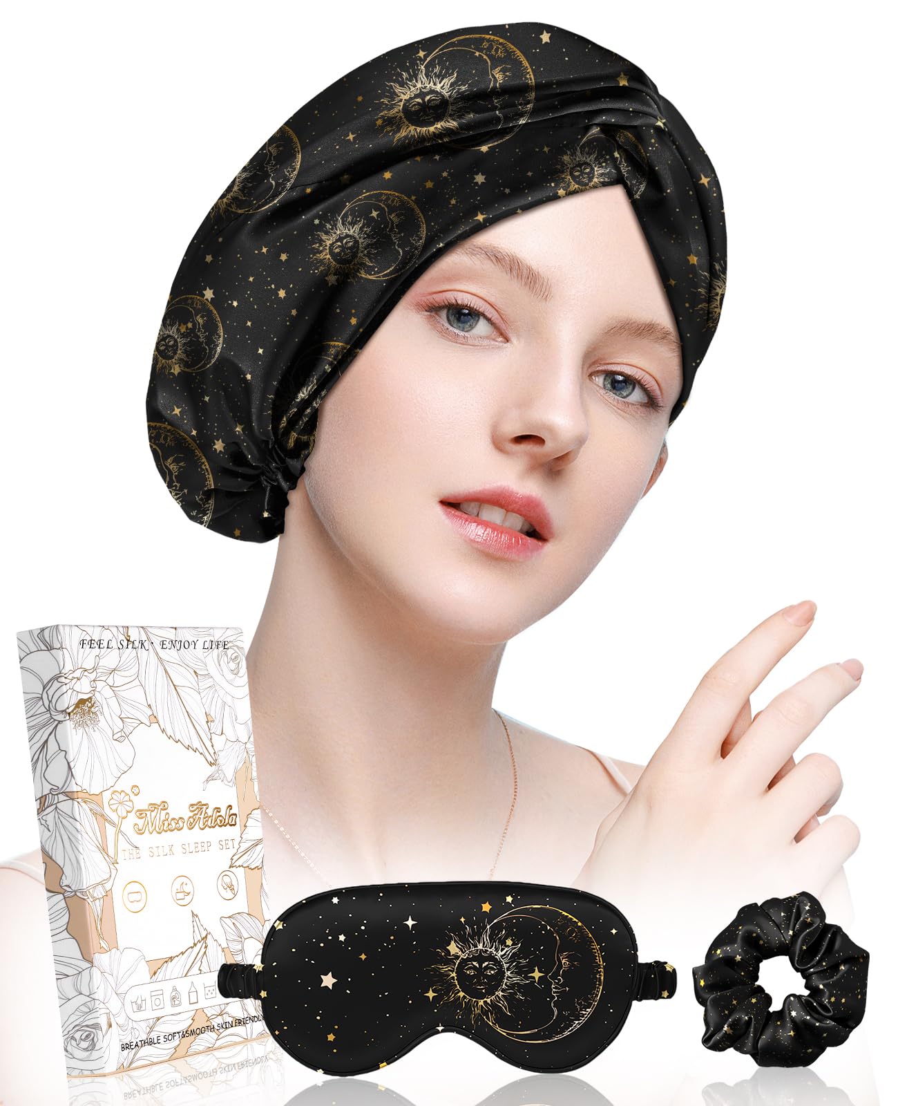 Miss Adola Silk Bonnet for Women - Mulberry Silk Sleep Cap for Hair Care with Eye Mask & Scrunchie 19 Momme Night Cap Sleeping Set with Elastic Stay On Head, Black Sun Moon