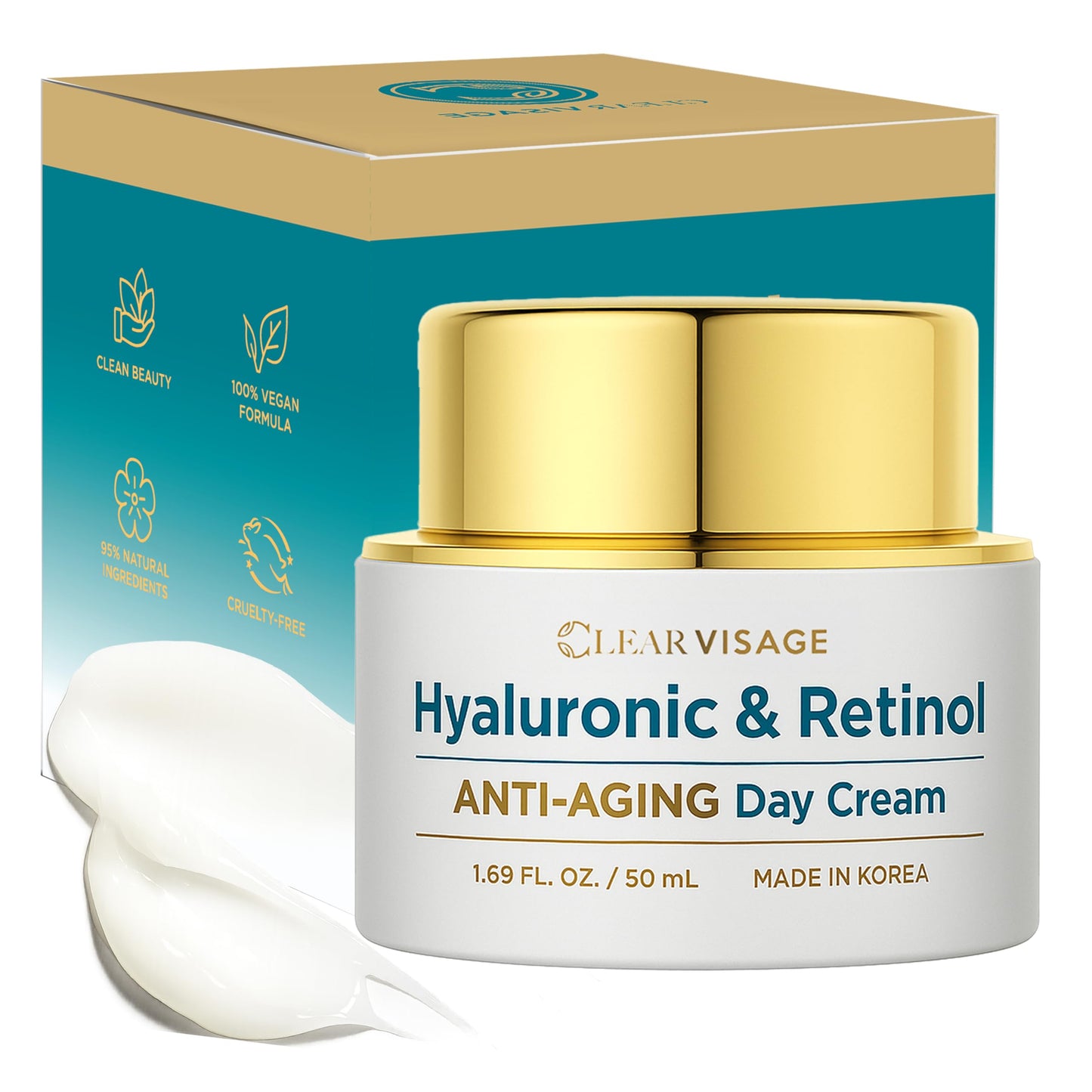 Clear Visage Hyaluronic Acid Moisturizer - Dermatologist Tested - Retinol Anti Aging Face Cream - Ultra Hydrating, Plumps & Smooths Skin, Fine Lines & Wrinkles Treatment - Clean Beauty Korean Skincare