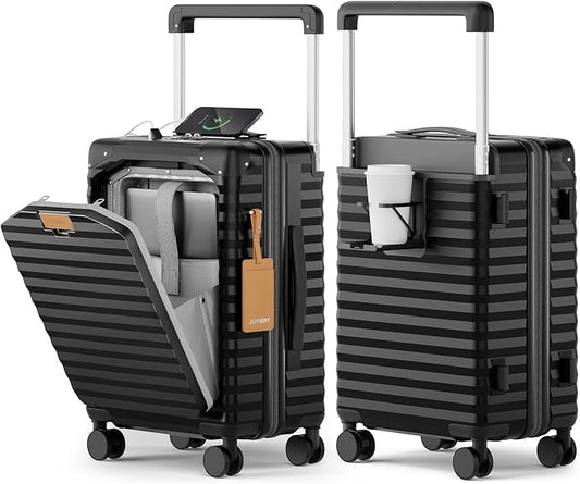 Joyway 20 Inch Carry on Luggage with Front Pocket, PC Hardshell Carry-on Suitcase with USB Port and Cup Holder, 21.5x14.2x9 Airline Approved, Luggage with Spinner Wheels and TSA Lock (Black)