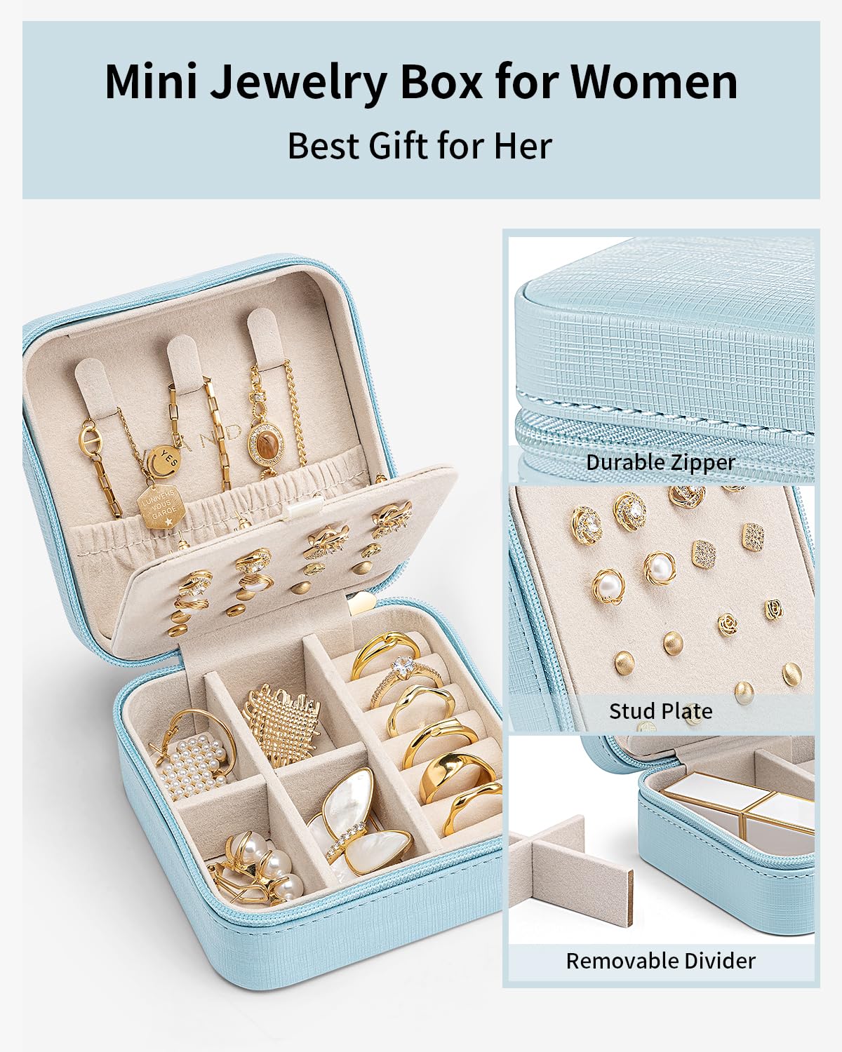 Vlando Travel Jewelry Case, Small Travel Jewelry Organizer Box for Girls Women - Blue