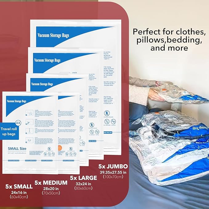 36 Pack Vacuum Storage Bags with Electric Pump, Vacuum Seal Bags for Clothing, Pillows, Blanket, Bedding, Comforters,Includes 6 Jumbo,6 Large,6 Medium,6 Small,6 Travel bags and 6 small Travel bags