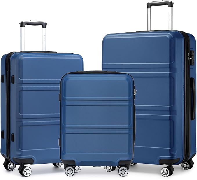 Kono 3 Piece Luggage Sets Expandable(only 28") Lightweight with Spinner Wheels TSA Lock Hardside Travel Rolling Suitcases 20in 24in 28in Carry on Navy