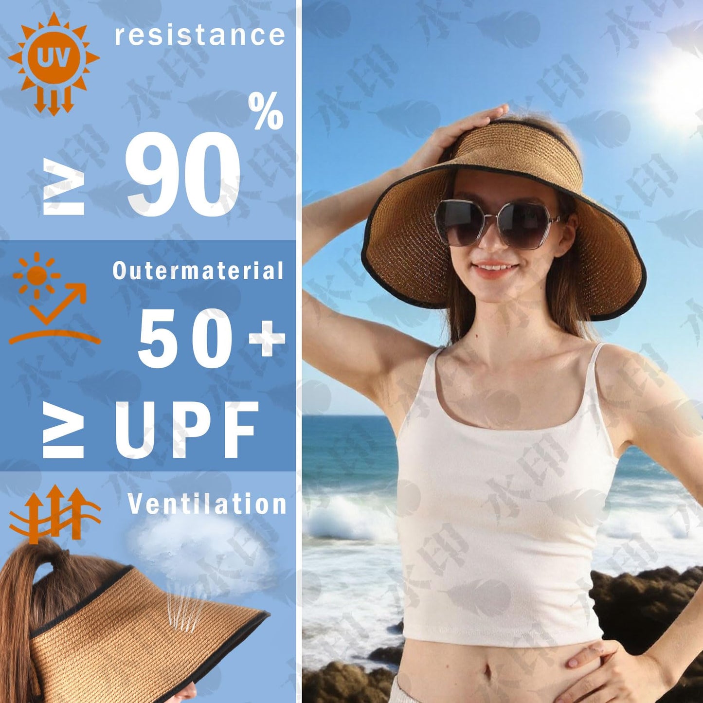 Sun Visors for Women Wide Brim Beach Hat Foldable Straw Visor Hat Ponytail Summer Packable Black