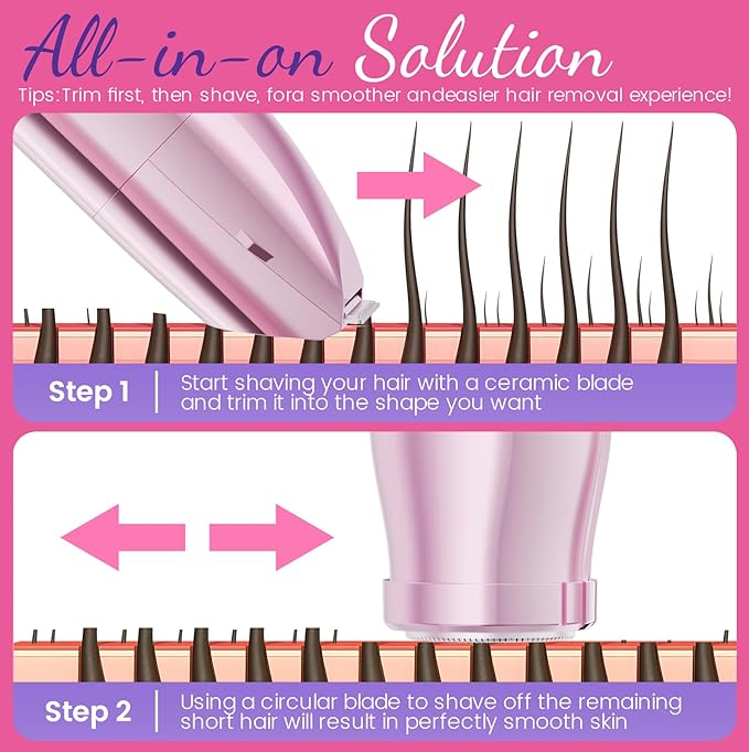 Bikini Trimmer for Women 2 in 1 Electric Razor for Women Face - Wet and Dry Electric Lady Shaver, Smooth Facial Hair Remover and Body Hair Trimmer for Bikini Leg Underarm Face Private Area, Pink