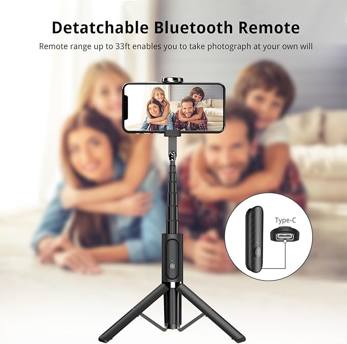 ATUMTEK Selfie Stick Tripod, 3-in-1 Extendable Aluminum Phone Tripod with Detachable Bluetooth Remote, Compatible with iPhone 17/16/15/14/13/12/11/11 Pro/XS Max/XR and Samsung Smartphones, Black