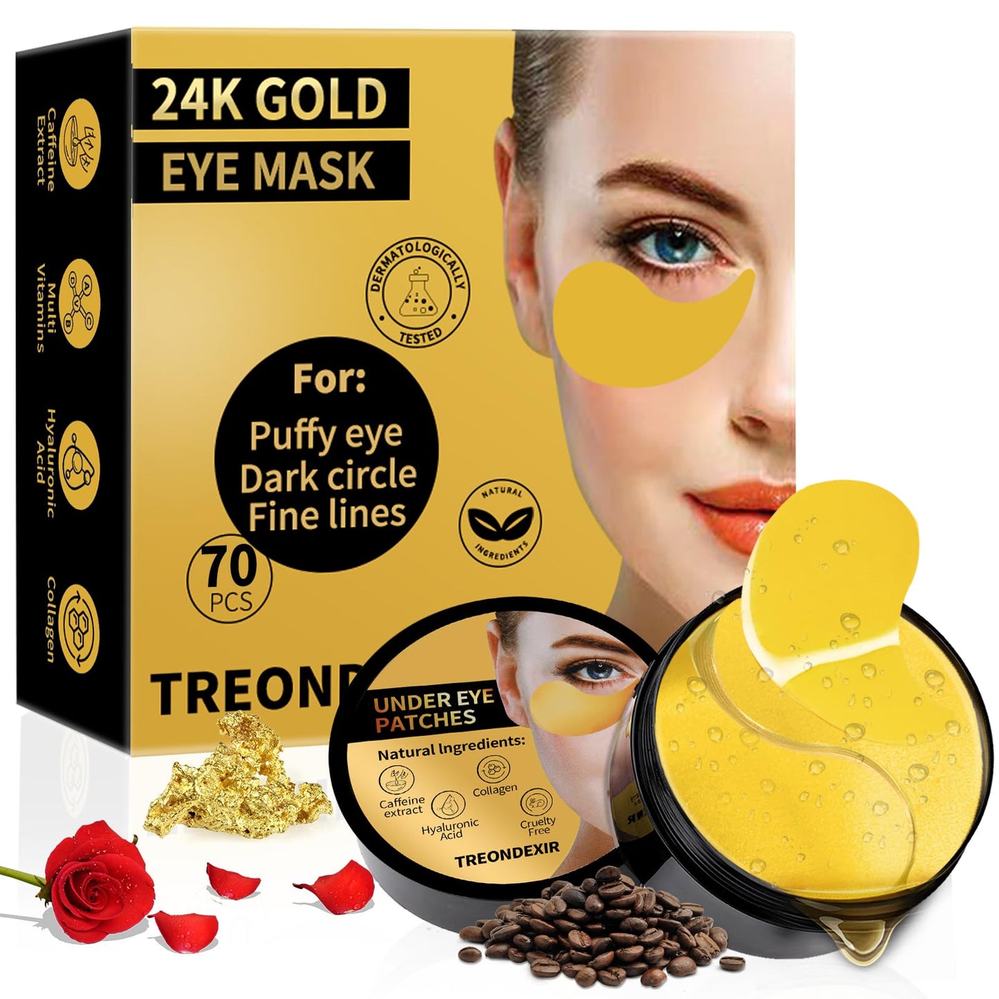 24K Gold Eye Masks for Dark Circles and Puffiness 70PCS, Under Eye Patches Gel Pads for Puffy Eyes Treatment w/Collagen, Caffeine, Peptides for Eye Bags Treatment, Gel Eye Mask Skincare