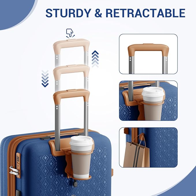 Kono 20 Inch Expandable Hard-Shell Suitcase, Ideal For Short Trips, Durable PP Material, With Hidden Cup Holder & TSA Lock, Navy/Brown