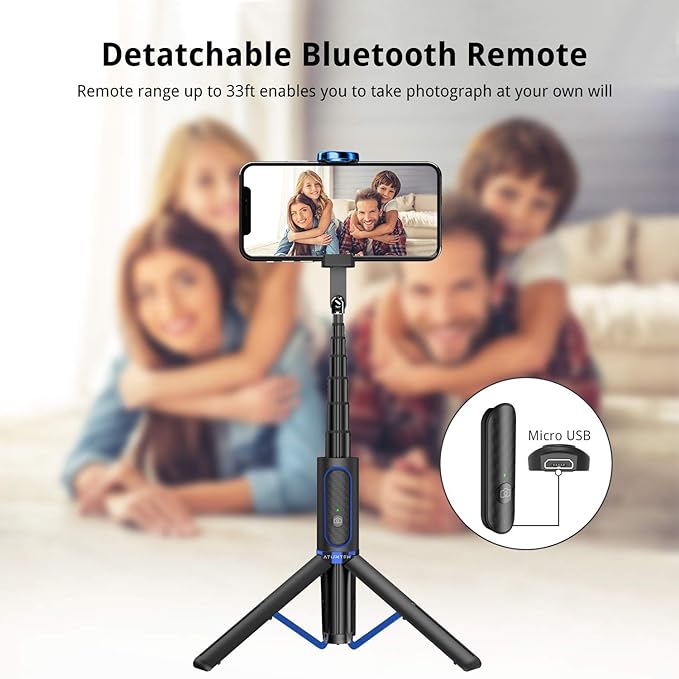 ATUMTEK Selfie Stick Tripod, 3-in-1 Extendable Aluminum Phone Tripod with Detachable Bluetooth Remote, Compatible with iPhone 17/16/15/14/13/12/11/11 Pro/XS Max/XR and Samsung Smartphones, Blue