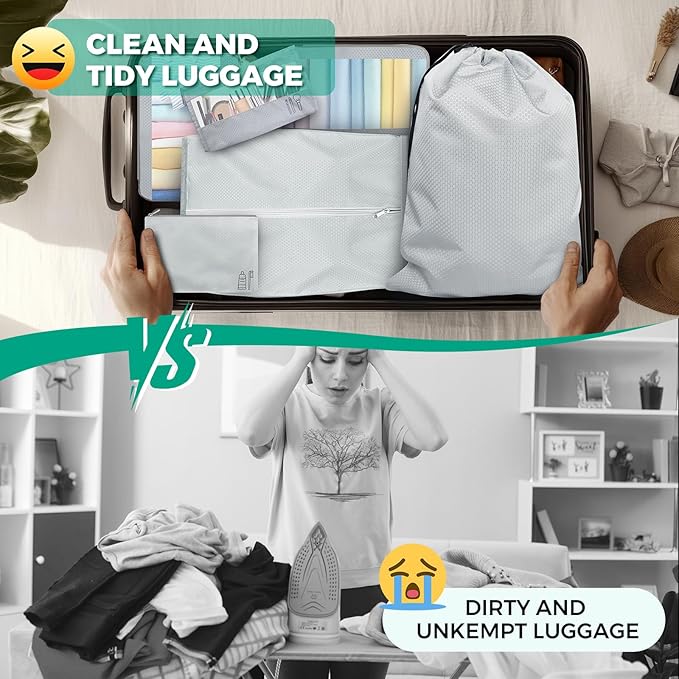 Compression Packing Cubes for Travel Expandable Mesh Packing Organizer Waterproof Portable Luggage Organizer Business Vacation Luggage Organizer-Gray 8 Pcs