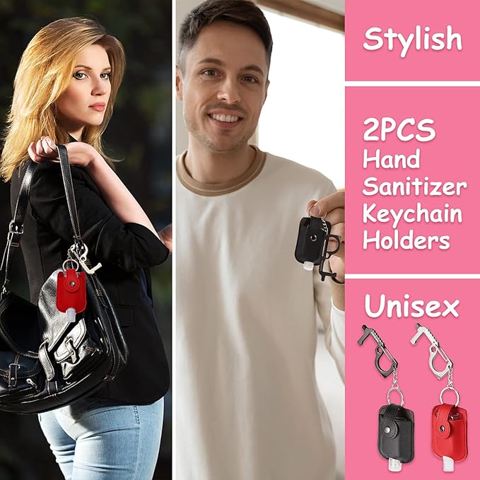 2 PCS Hand Sanitizer Travel Size Spray Case, Premium PU Leather Hand Sanitizer Keychains with Door Opener Tool, Spray or Squeeze, Refillable, Red, Black, Empty