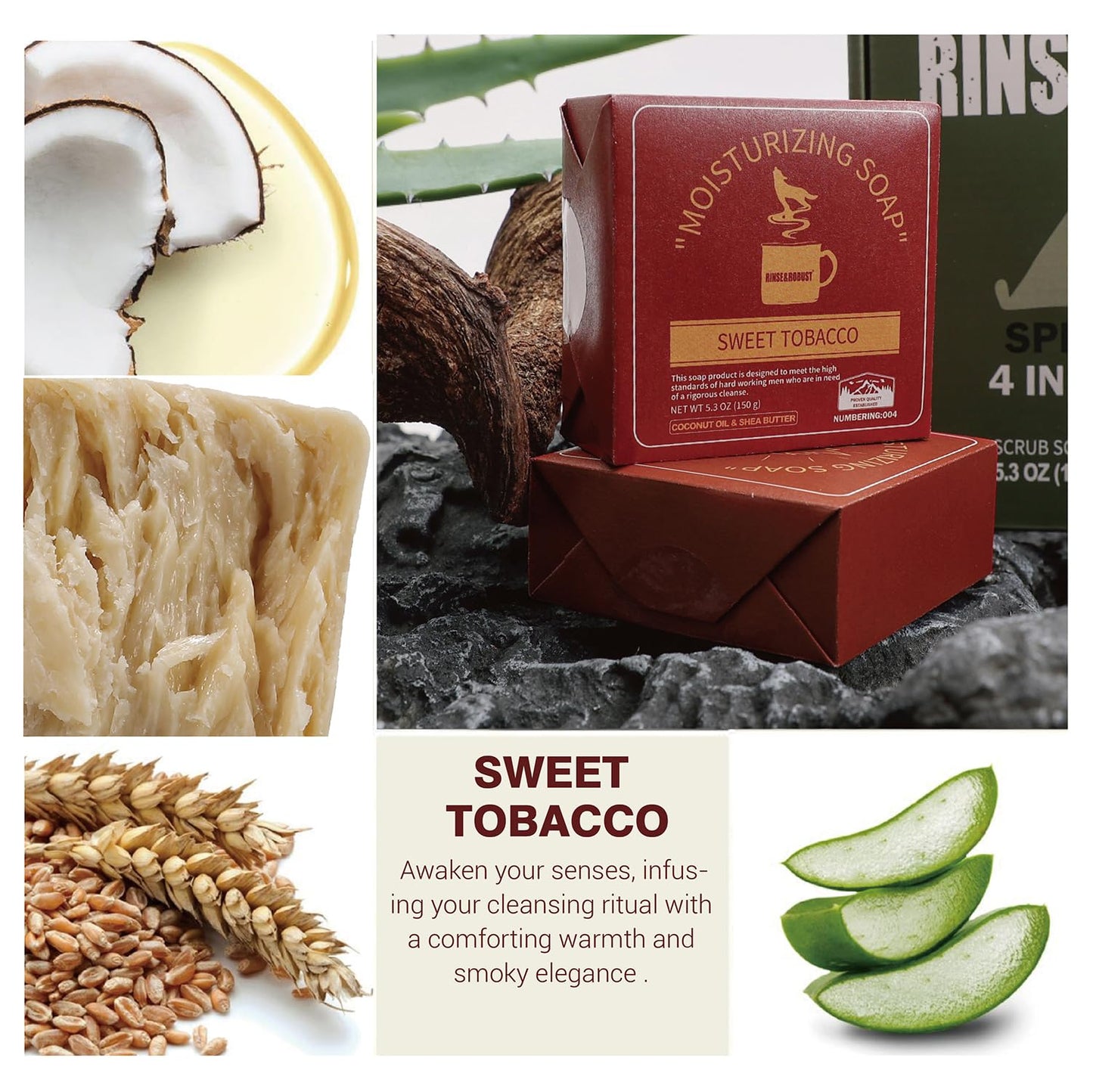 Rinse & Robust Mens Bar Soap Cleansing Bar Moisturizing & Exfoliating Scrub Soap Gift Set for Men | 4 in 1 Face Body Hand Beard Wash | Cinnamon, Lemon Cedar, Mint Ice Chips, Tobacco | 5.3 oz of 4 Bars