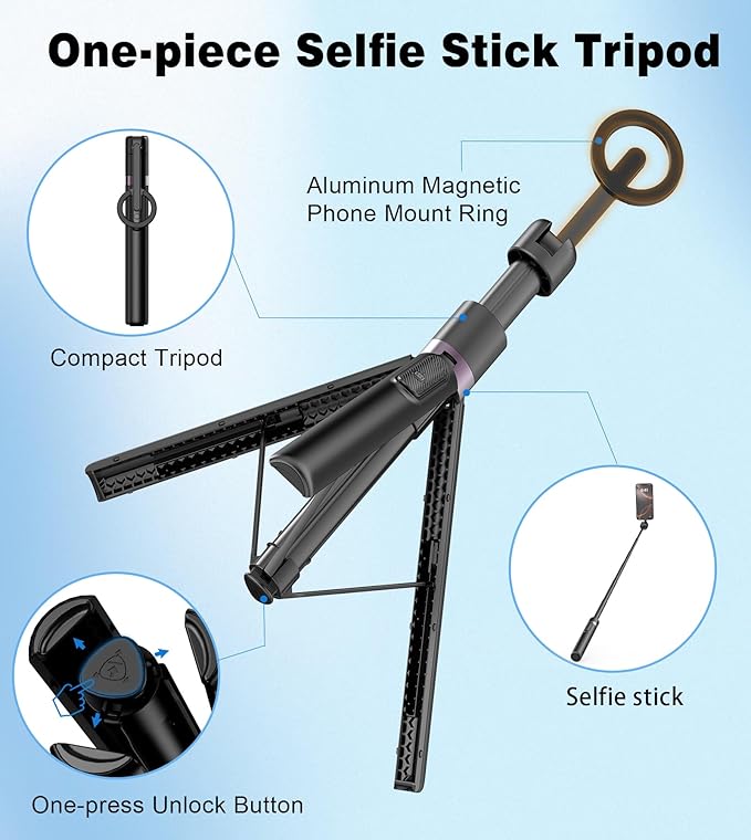68" Magnetic Selfie Stick Tripod for iPhone,Portable Cell Phone Tripod Stand for Magsafe with Rechargeable Remote, 360° Rotation Aluminum Phone Holder for Video Recording/Live Stream/Travel Black