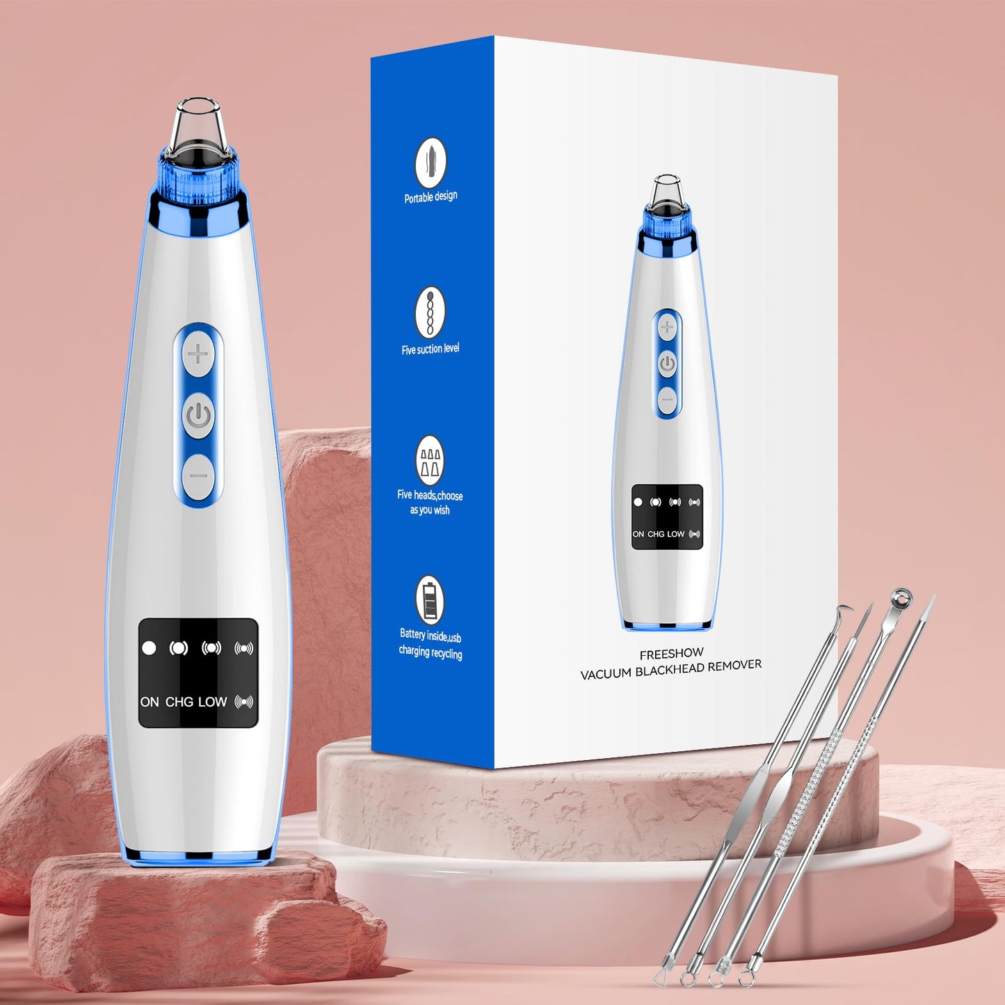 Blackhead Remover Pore Vacuum Upgraded Facial Pore Cleaner Electric Comedone Whitehead Extractor Tool-5 Suction Power,5 Probes,USB Rechargeable