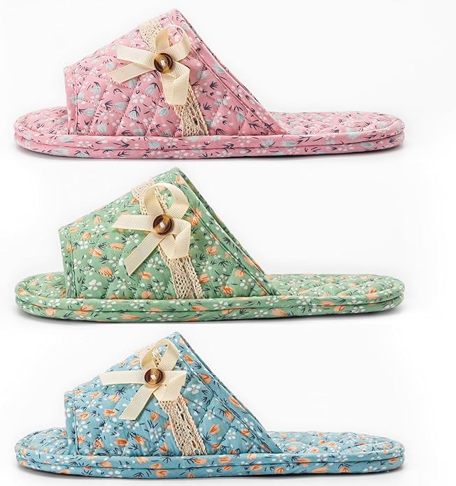 3 Pairs Floral Cotton House Slippers for Women, Open Toe Indoor Slippers Comfortable Washable Portable Foldable Guest Travel Hotel Airplane Spa Slippers