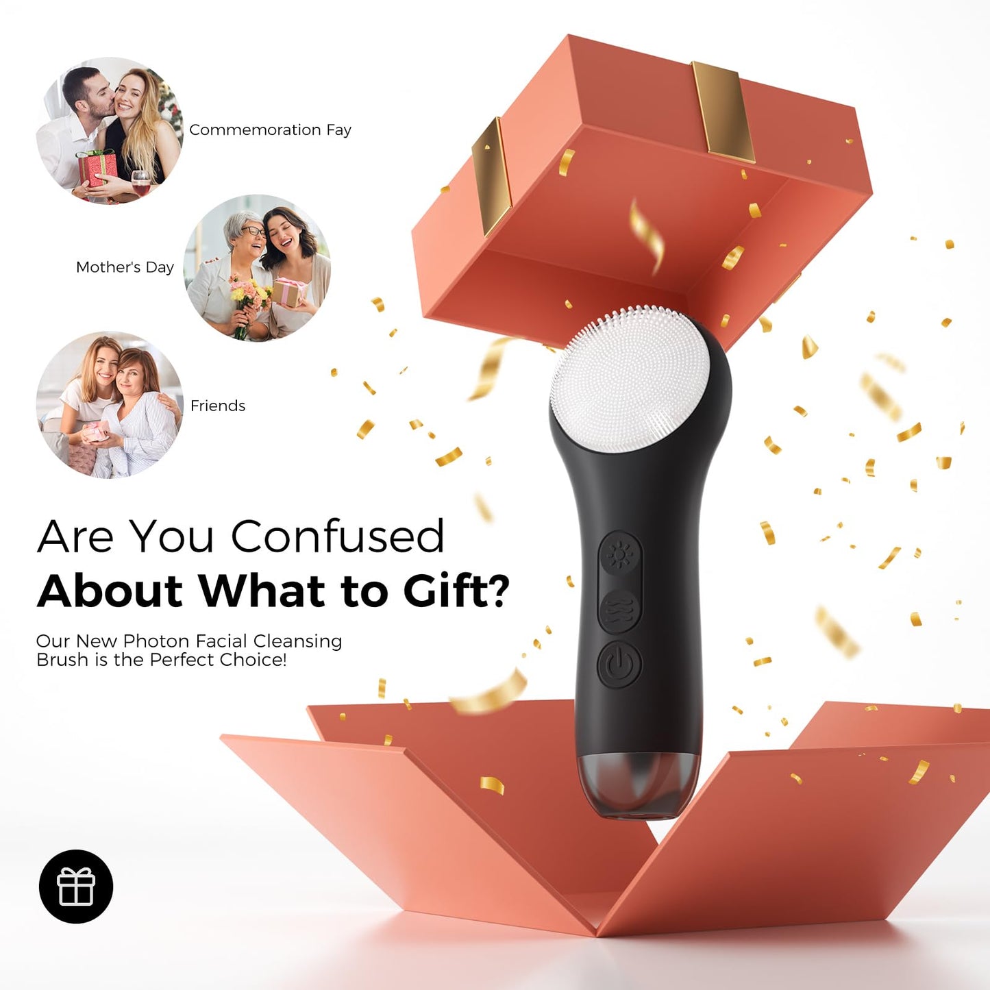 Ccigedy Facial Cleansing Brush Face Scrubber - Rechargeable Electric Face Cleansing Brush with 4 LED Gentle Light Liquid Silicone Modes Exfoliator,IPX7 Waterproof Ideal Gift for Men and Women-Black