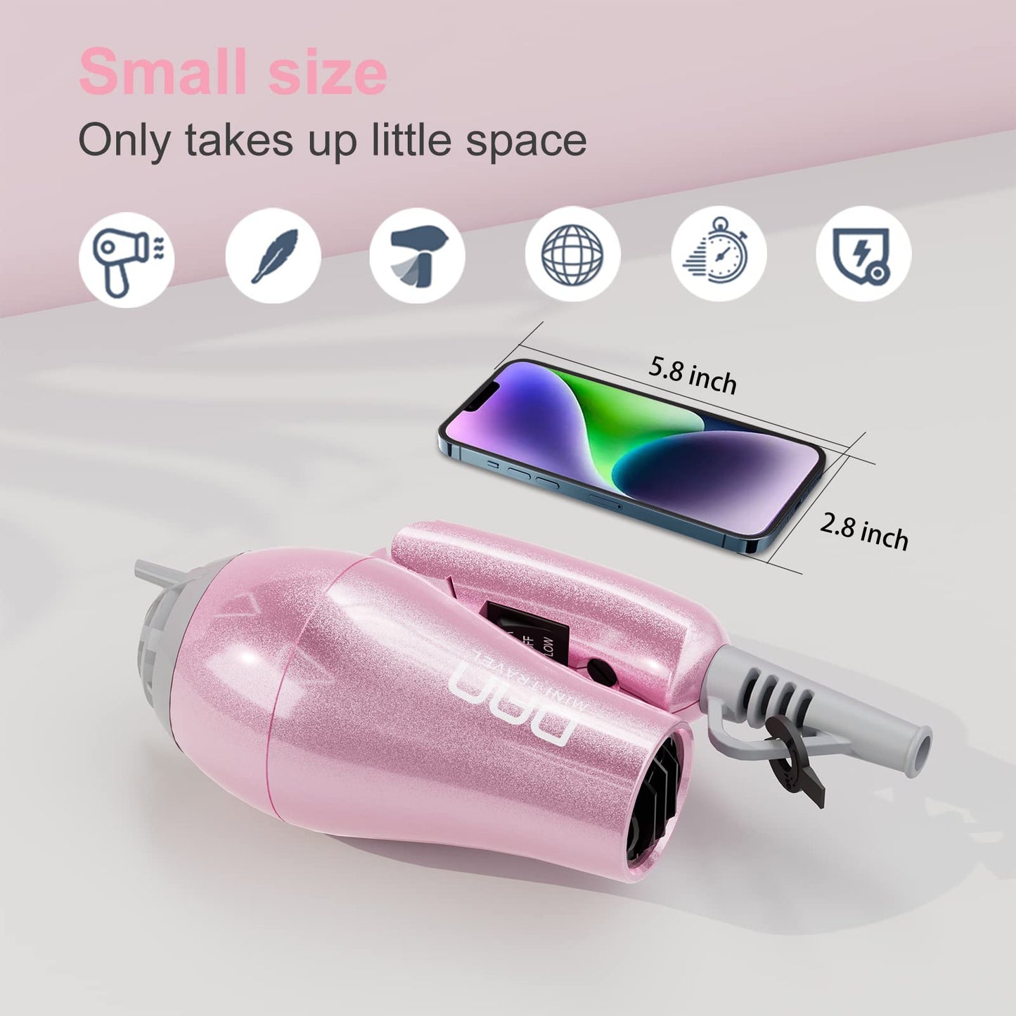 DAN Technology Hair Styling Set, Including Travel Hair Dryer, Mini Flat Iron, and Travel Curling Iron with European Plug, Dual Voltage, Portable Storage Bag, Pink