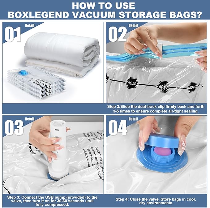 BoxLegend Vacuum Storage Bags with Electric Pump 22 Combo (1X-Jumbo, 4 Jumbo, 9 Large, 8 Medium) Thickened Vacuum Seal Bags for Clothing Space Saving for Coat Quilt Blanket Pillow Comforters
