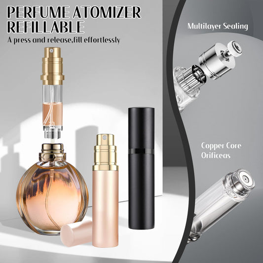 SixTmoon Travel Perfume Atomizer Refillable,Empty Portable Cologne Dispenser,Mini Aftershave Sprayer for Men and Women (Black & Champine Gold)