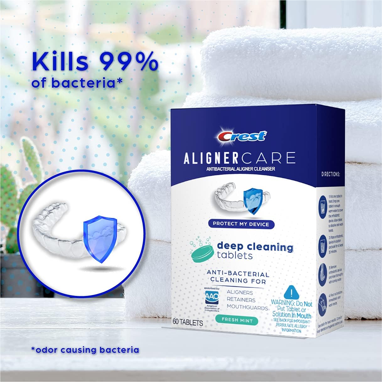 Crest Aligner Care Deep Cleaning Anti-Bacterial Tablets for Aligners, Retainers, Mouthguards, 60-Count, Pack of 3