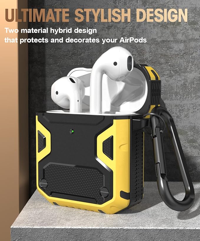 Koaichi Compatible with AirPods Case, Full-Body Rugged Hard Shell Protective Case Cover with Keychain Designed for AirPods 1st & 2nd, Black/Yellow
