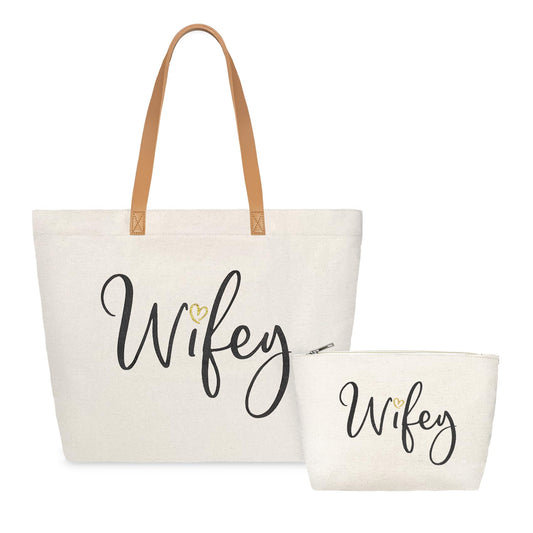 ELEGANTPARK Wifey Bag Wifey Gifts Wedding Gifts for Bride Bridal Shower Bachelorette Party Honeymoon Large Travel Shoulder Bag Canvas Totes with Zipper Set of 2