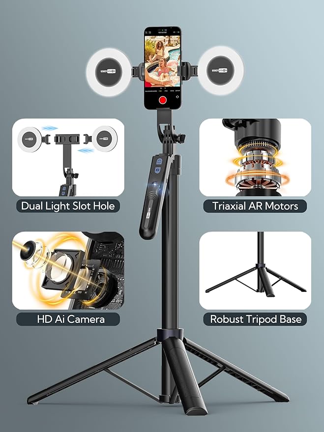 Auto Face Tracking Tripod 360 Rotation,Phone Tripod for iPhone w/Fill Light,Selfie Stick for iPhone w/Remote Control,70” Phone Holder Video Recording for Content Creators TikTok(UTK-02)
