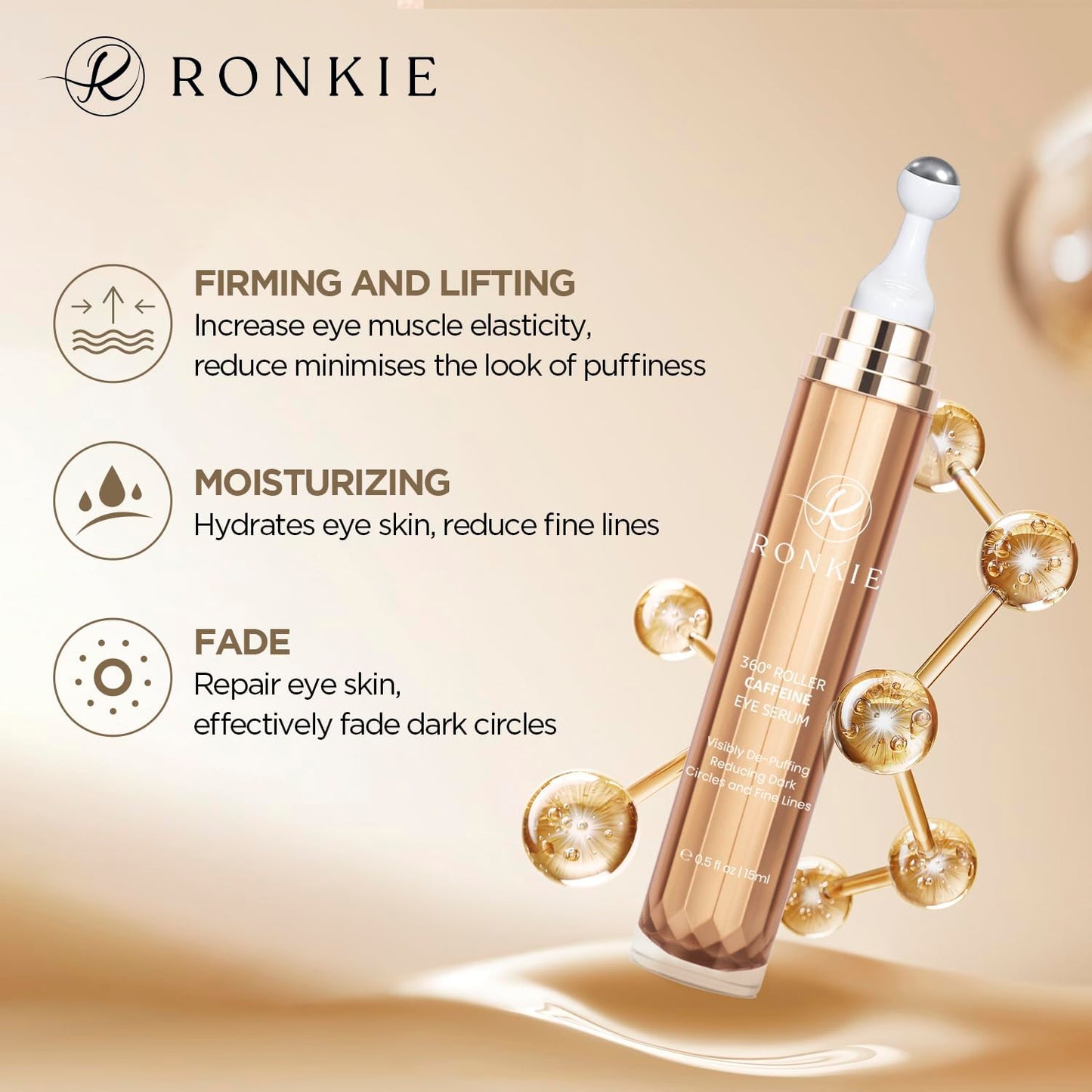 RONKIE Eye Cream for Dark Circles: Under Eye Cream with Caffeine Retinol - Reduces Under Eye Bags and Fine Lines Gold