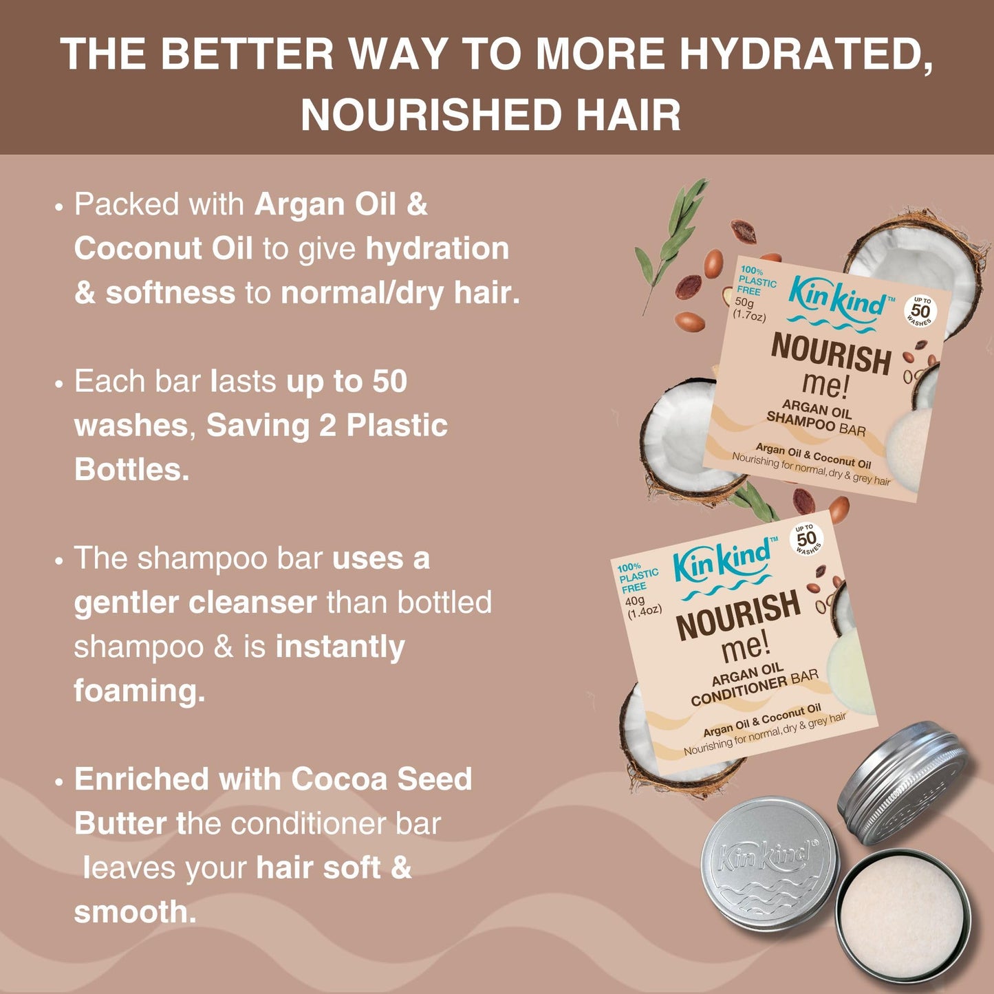 KinKind NOURISH me Travel Shampoo and Conditioner Bars. Up to 50 washes. This travel and gift set contains a soap tin for each bar. No leakage, less space, less weight.