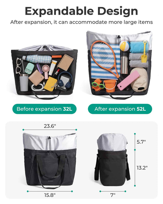 BAGSMART Large Tote Bag for Women, 32L Expandable Reusable Grocery Bag, Foldable Handbag for Shopping Gym College Overnight, Black