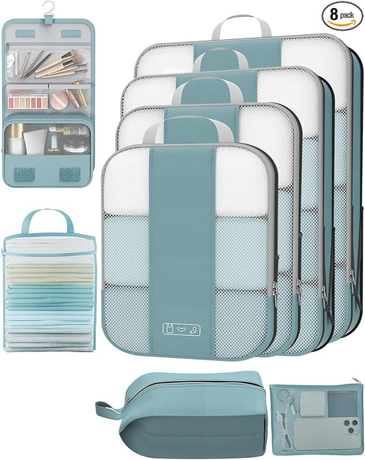 8 Set Compression Packing Cubes for Travel Essentials,Compressible Expandable Packing Cubes for Suitcase,OlarHike Luggage Organizer Bags for Travel,Handy Helper for Organizing Clothes(Blue Gray)