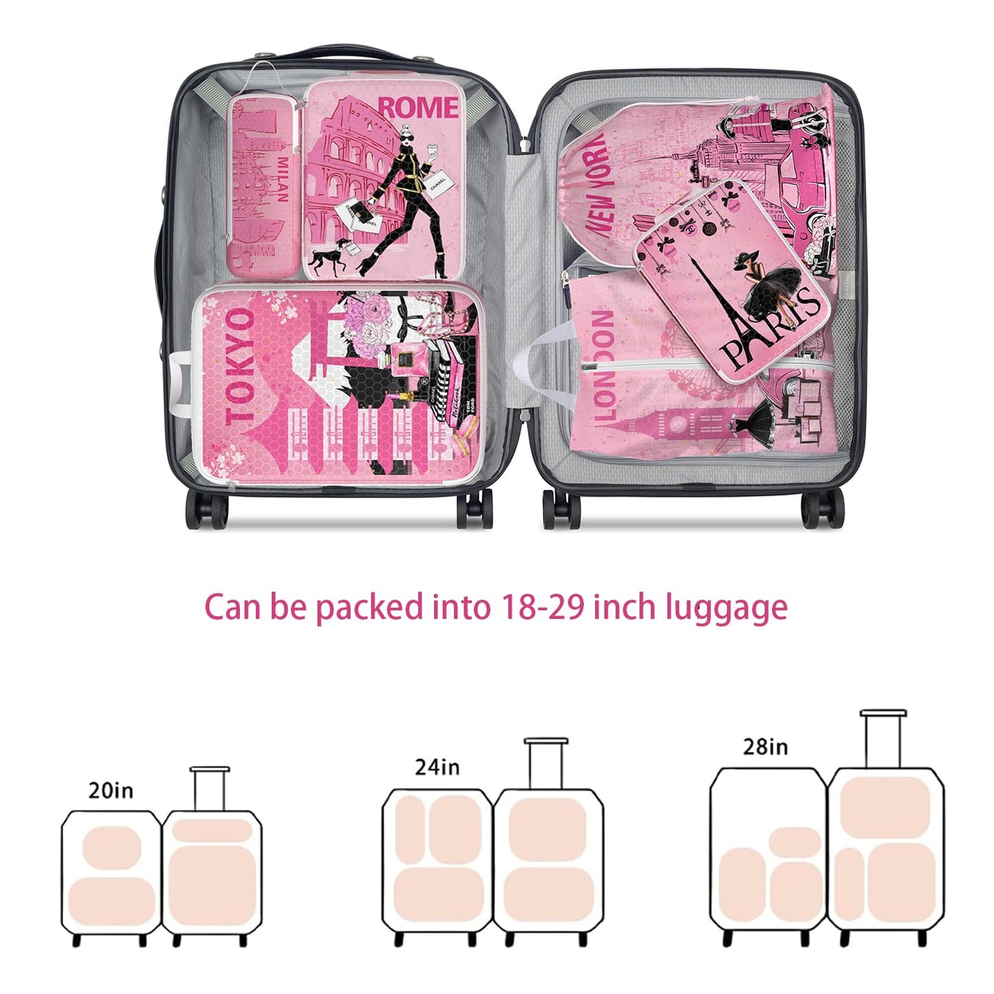Compression Packing Cubes for Travel, 6 Set Pink Fashion Luxury Girly Luggage Organizers, Lightweight Waterproof Expandable/Compression Bags Smell Proof Travel Packing Cubes for Suitcases