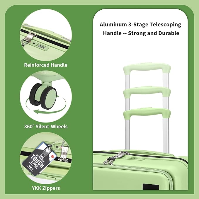 20 inch Carry On Luggage Front Open Pocket Extension Bag, ABS+PC Suitcase with Spinner Wheels TSA Lock & YKK Zipper, 20in/Toiletry Bag/Handbag, Light Avocado Green