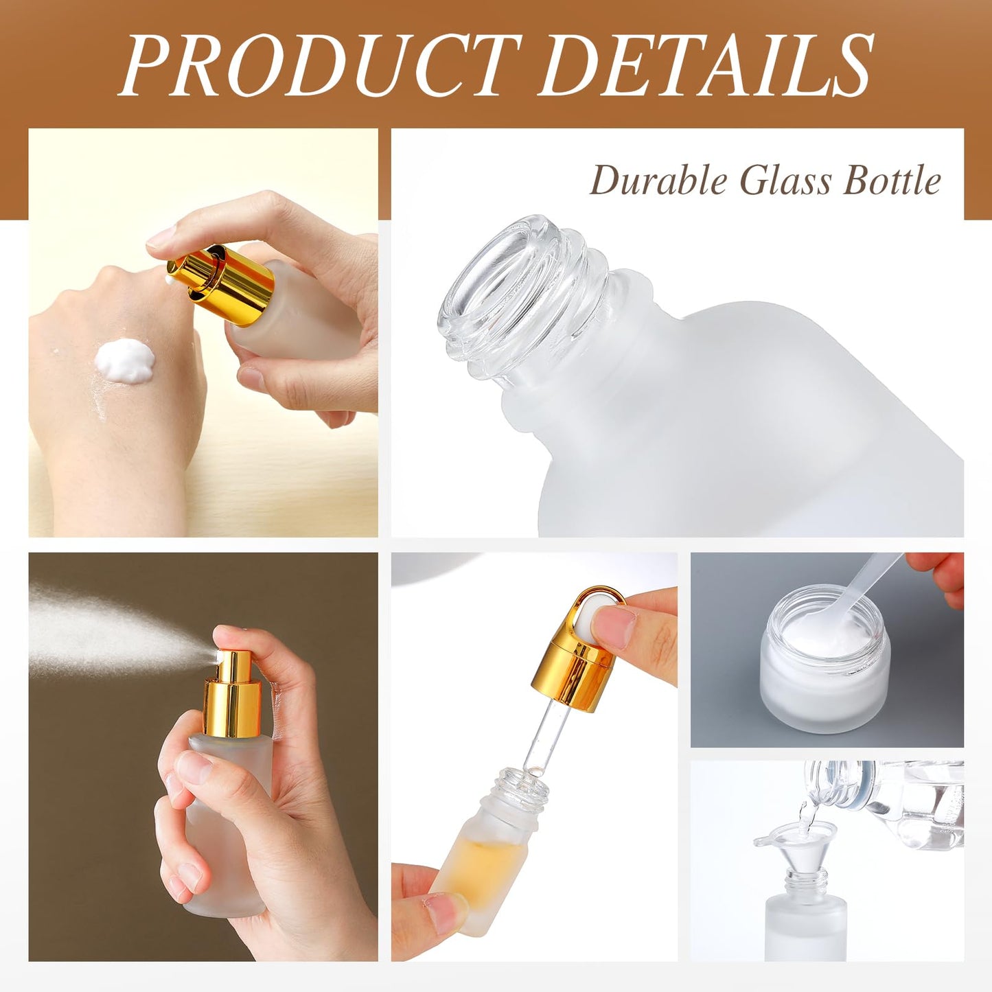 Jingmore 13 Pcs Glass Skincare Travel Containers Mini Makeup Containers Travel Size Toiletries Bottles with Pump Spray and PU Leather Toiletry Bag for Liquid Serum Cream Moisturizers Oils(Gold)