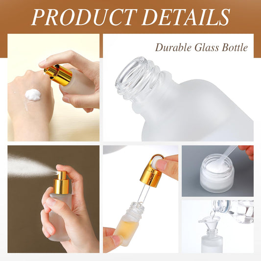 Jingmore 13 Pcs Glass Skincare Travel Containers Mini Makeup Containers Travel Size Toiletries Bottles with Pump Spray and PU Leather Toiletry Bag for Liquid Serum Cream Moisturizers Oils(Gold)