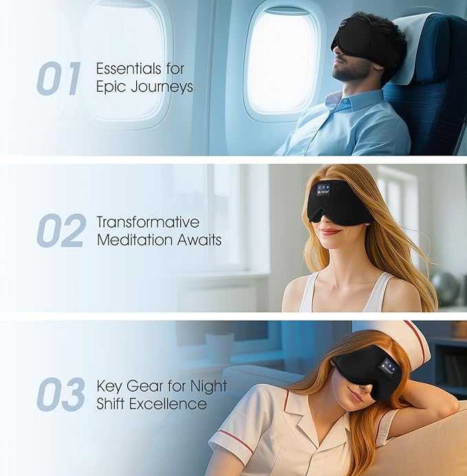 ZUMUSEN Bluetooth Sleep Headphones, 3D Wireless Music Eye Mask with Ultra-Thin Stereo Speakers, Adjustable Sleep Mask for Side Sleepers, Perfect for Travel, Meditation, Relaxation