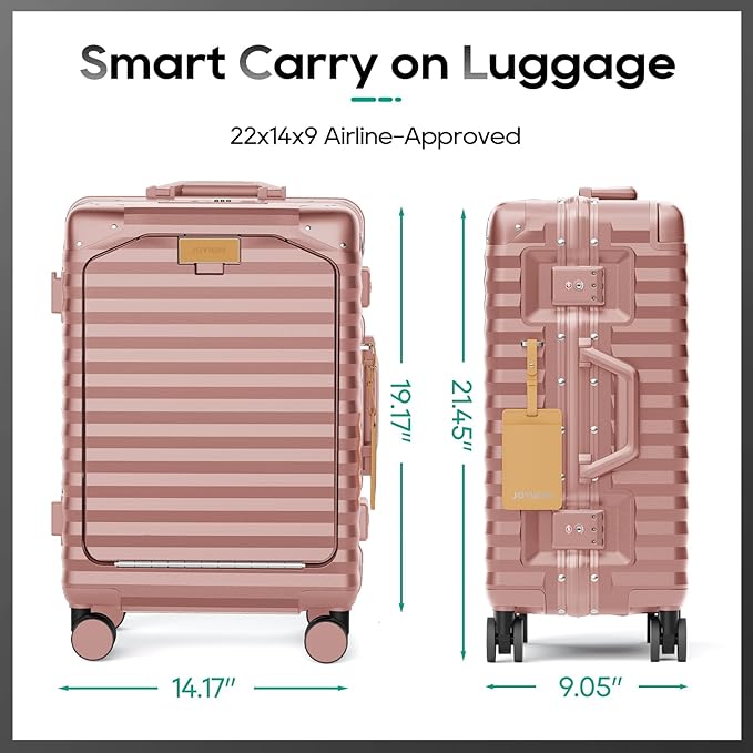 Joyway 20 Inch Carry on Luggage with Aluminium Frame and Front Pocket, PC Hardshell Suitcase with USB Port and Cup Holder, 21.5x14.2x9 Airline Approved, Luggage with Spinner Wheel TSA Lock(Rose Gold)