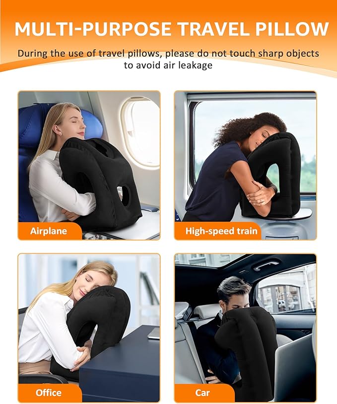 Sunany Travel Pillow, Inflatable Neck Pillow Used for Airplanes/Cars/Buses/Trains/Office Napping with Eye Mask/Earplugs (Balck)