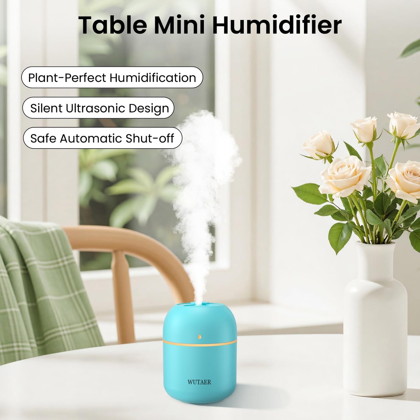 Portable Small Humidifier, WUTAER USB Personal Desktop Humidifier for Car, Office Room, Bedroom, Auto Shut-Off, 2 Mist Modes, Super Quiet(220ml, Green)